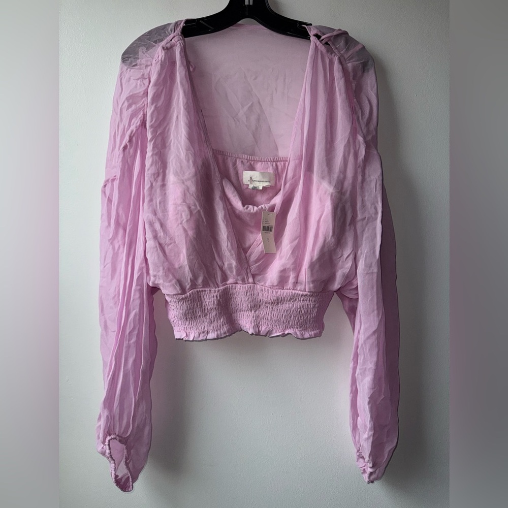 Anthropologie Pale Lilac Sheer Peasant Blouse with Smocked Waist - Picture 13 of 14